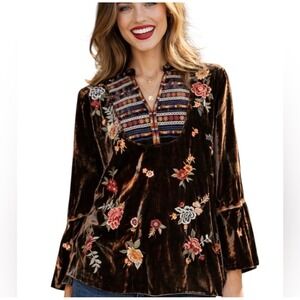 Johnny Was Velvet Sisilia Blouse Brown Floral Embroidered Boho Bell Sleeve Top